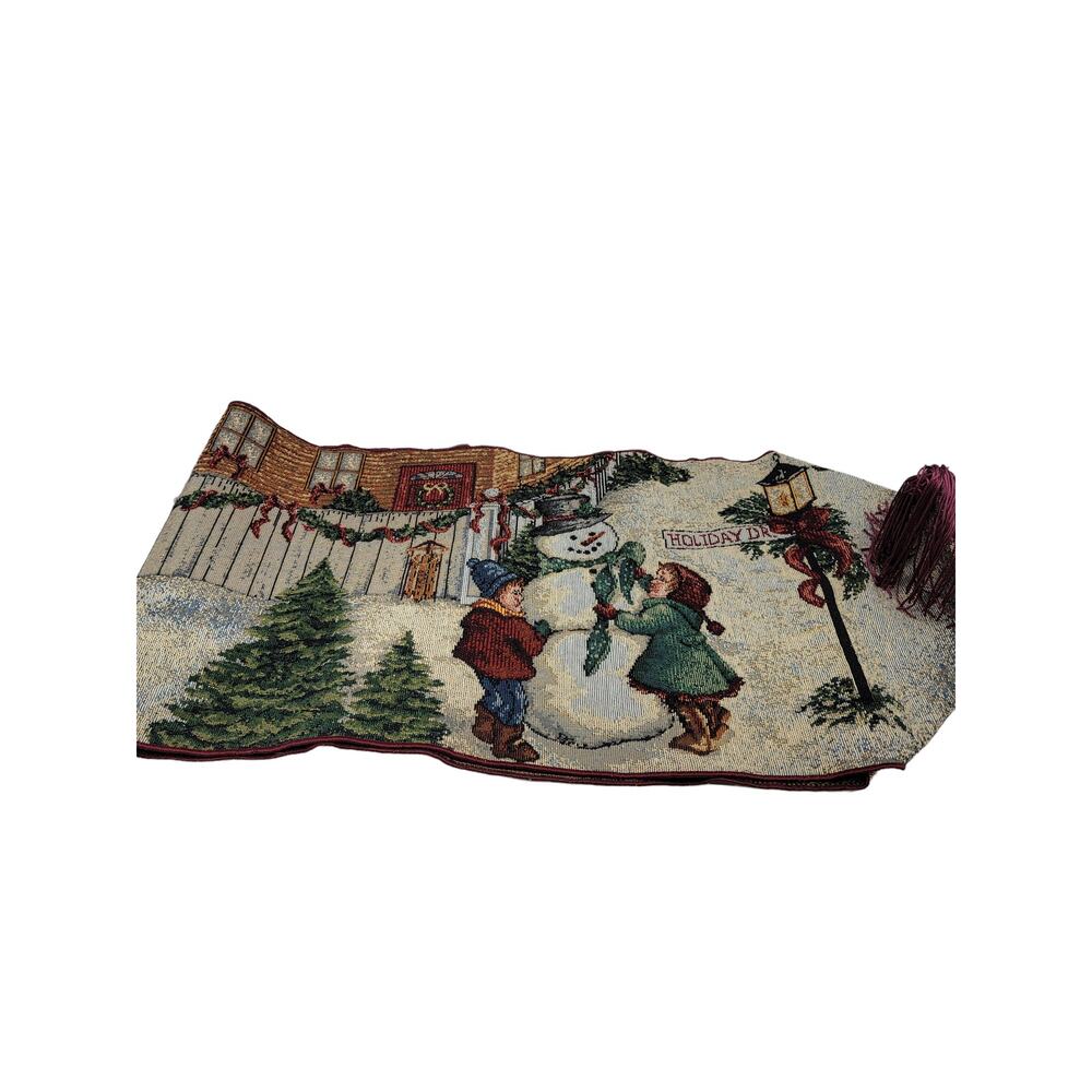Vintage Christmas Tree Holiday Snowman Table Runner with Tassels Size 72x13